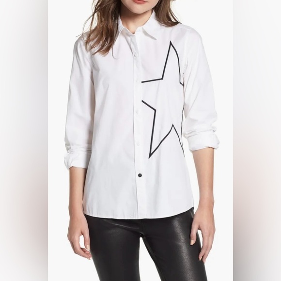 Current / Elliott The Elenora Star Embellishment Cotton Blouse Sz 1 White Black - Picture 1 of 11